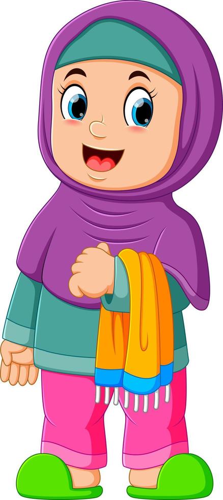 the cute girl with purple veil is standing and holding her prayer rug vector