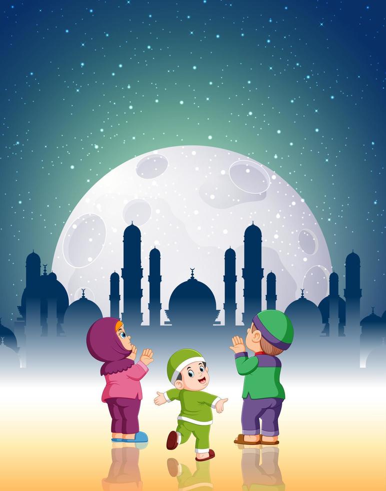 the children playing together under the moonlight vector