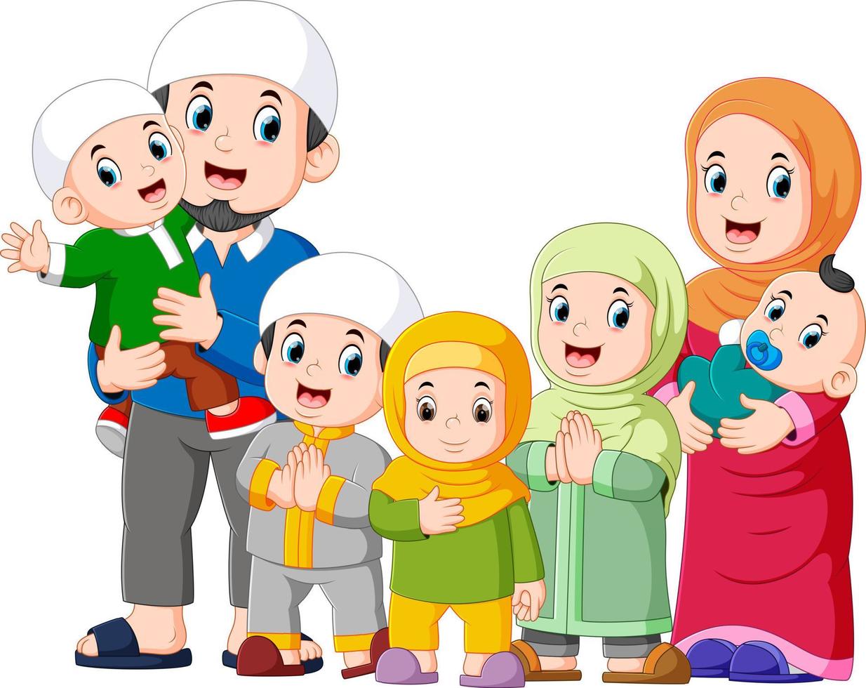 A muslim family with five children are celebrating ied mubarak vector