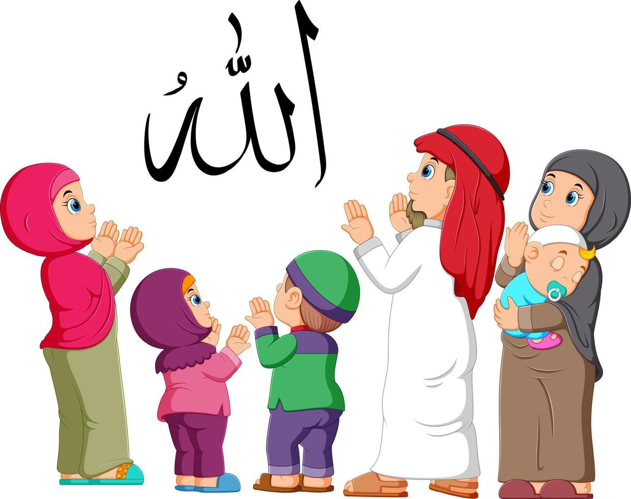 feliz pareja de familia árabe con niños y orar vector