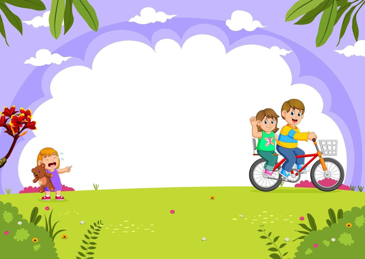 Father and mother cycling with daughter crying in the city park vector