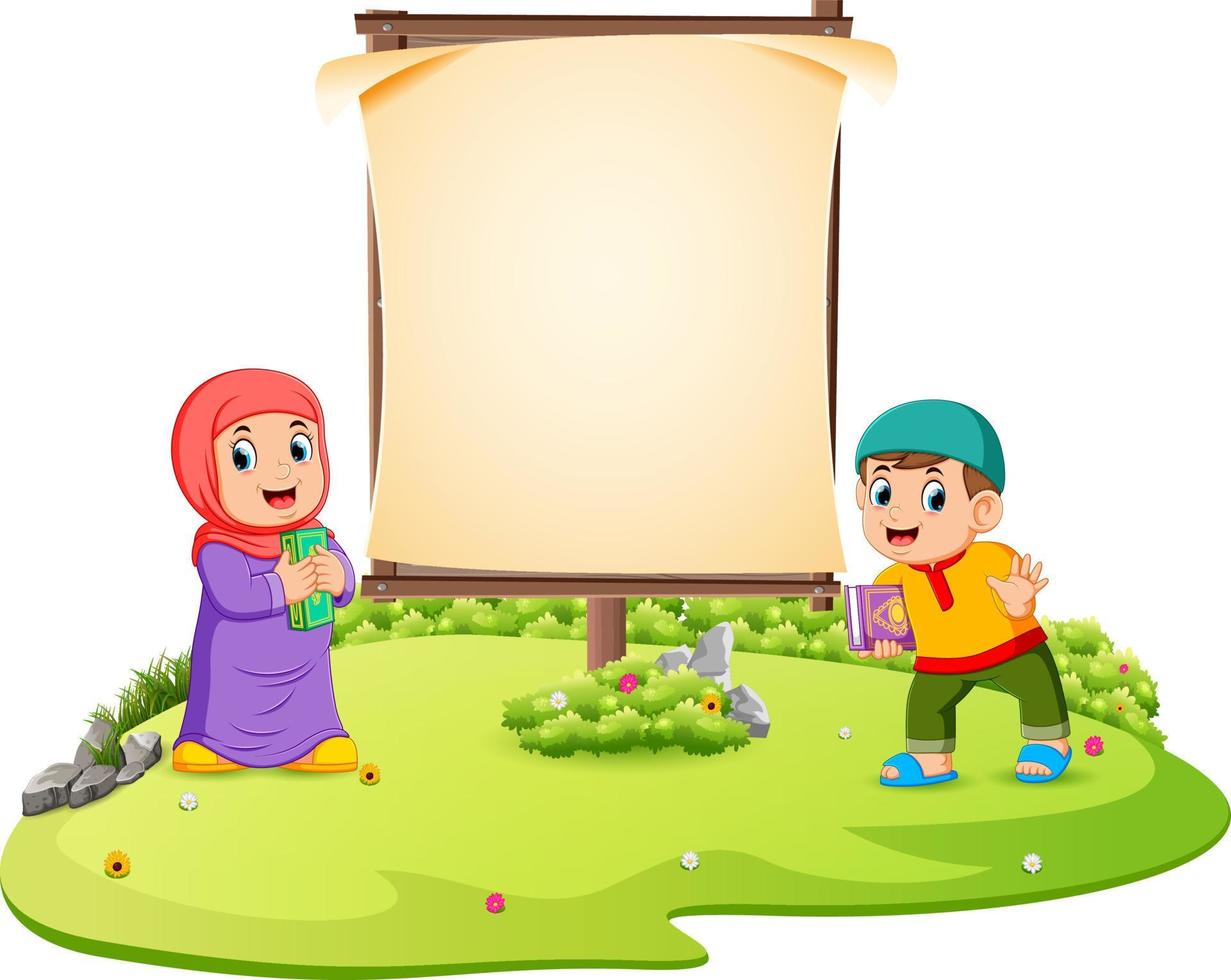 two children are standing in the green garden near the blank banner vector