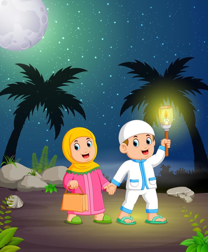 the boy and the girl are walking in the rock street with the torch vector