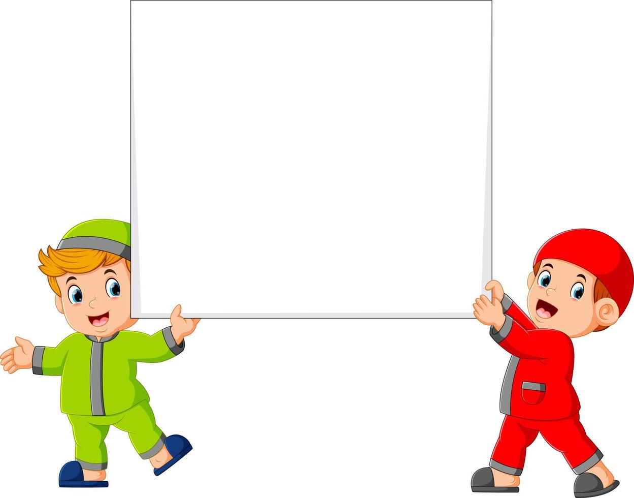 Happy two moslem boy holding big blank sign vector