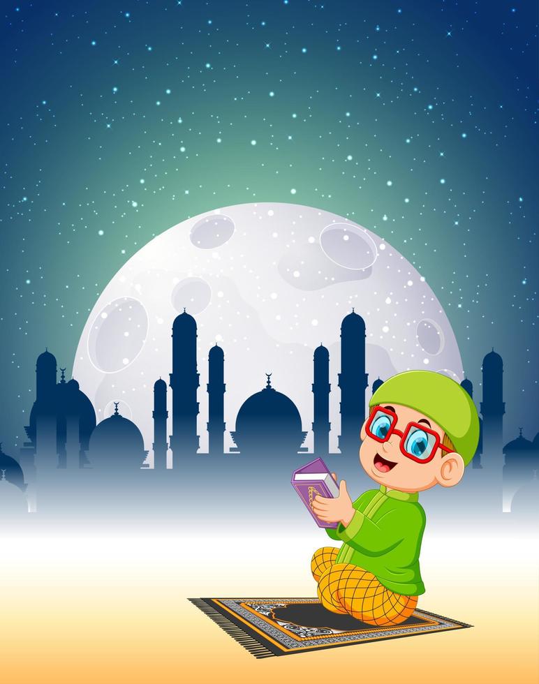 the boy with the glasses are reading al quran in the bright moonlight vector