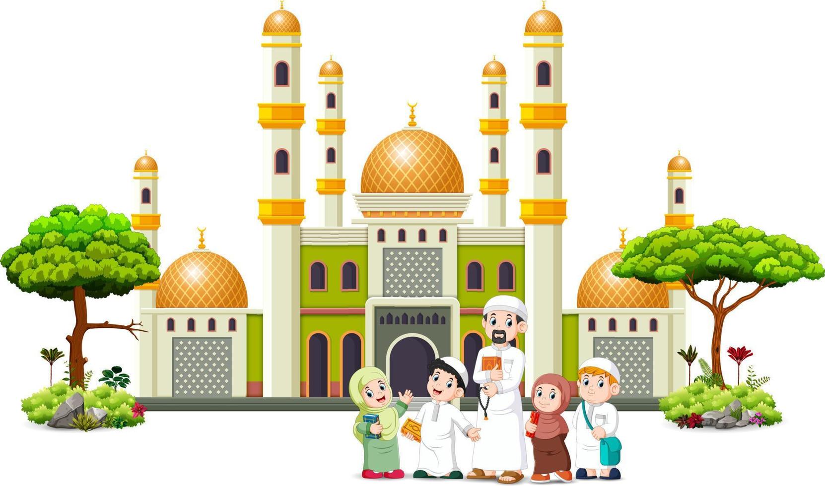 the children with their father are posing in front of the green mosque vector