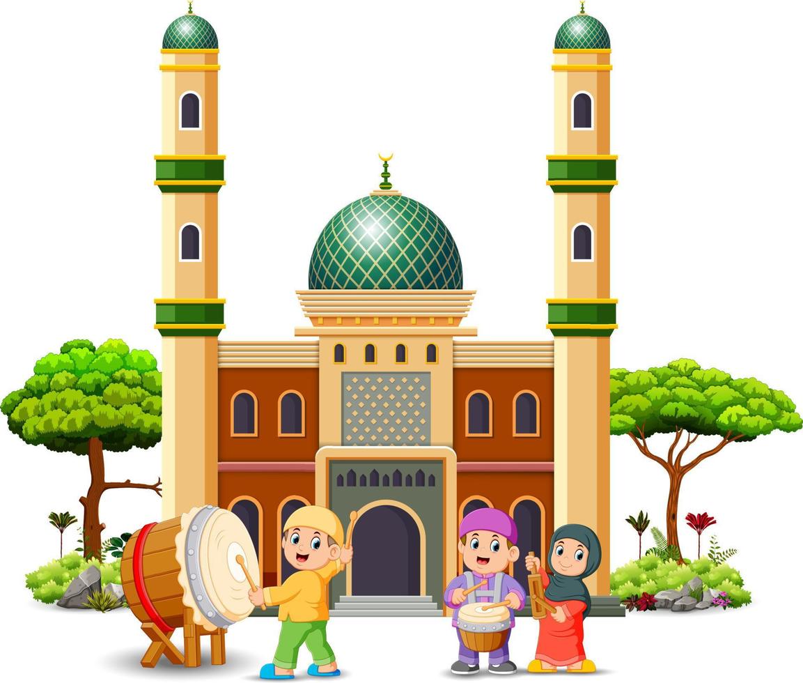 the children are playing with their music tool in front of the mosque vector