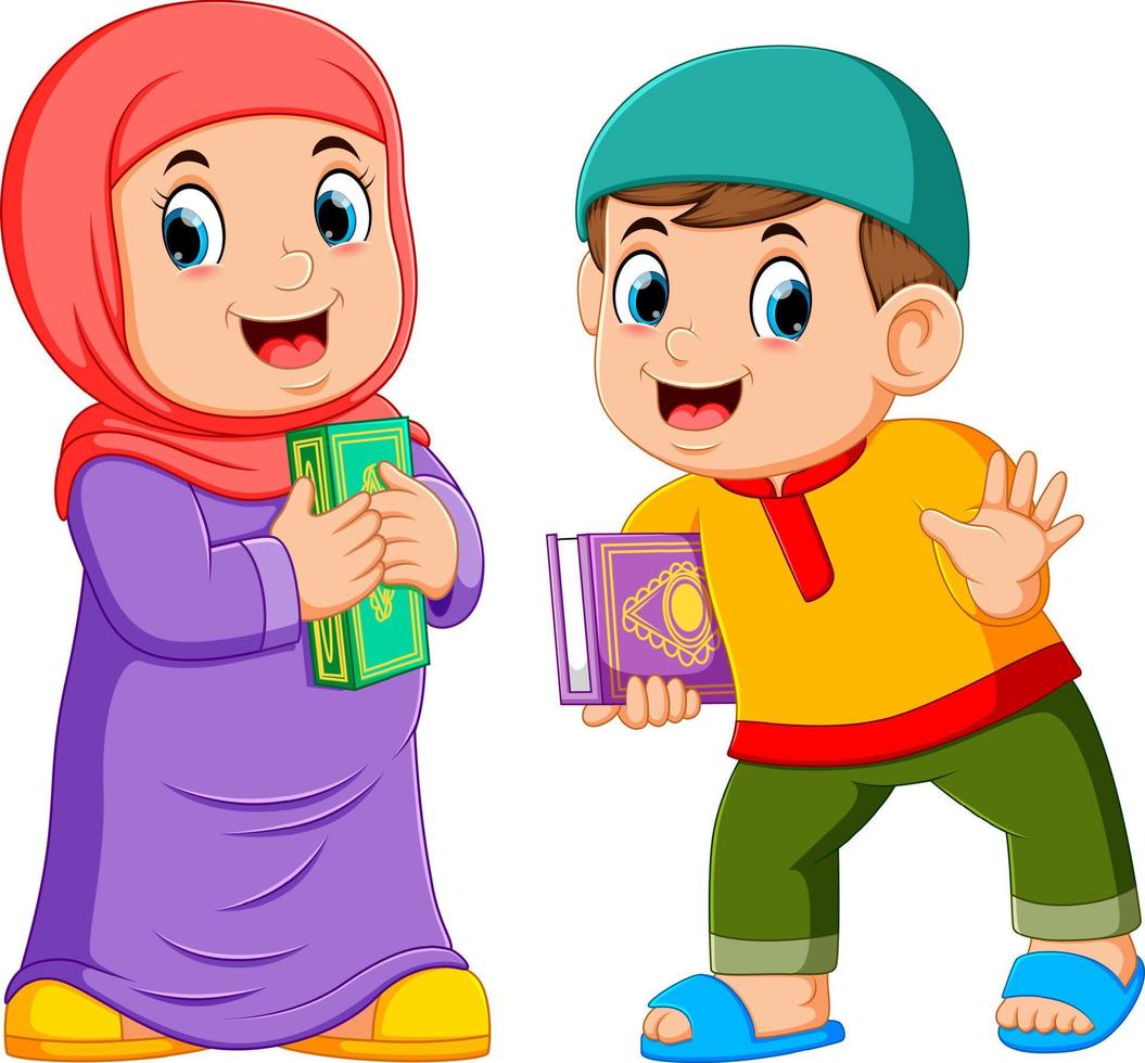 Two kids holding holy Quran vector