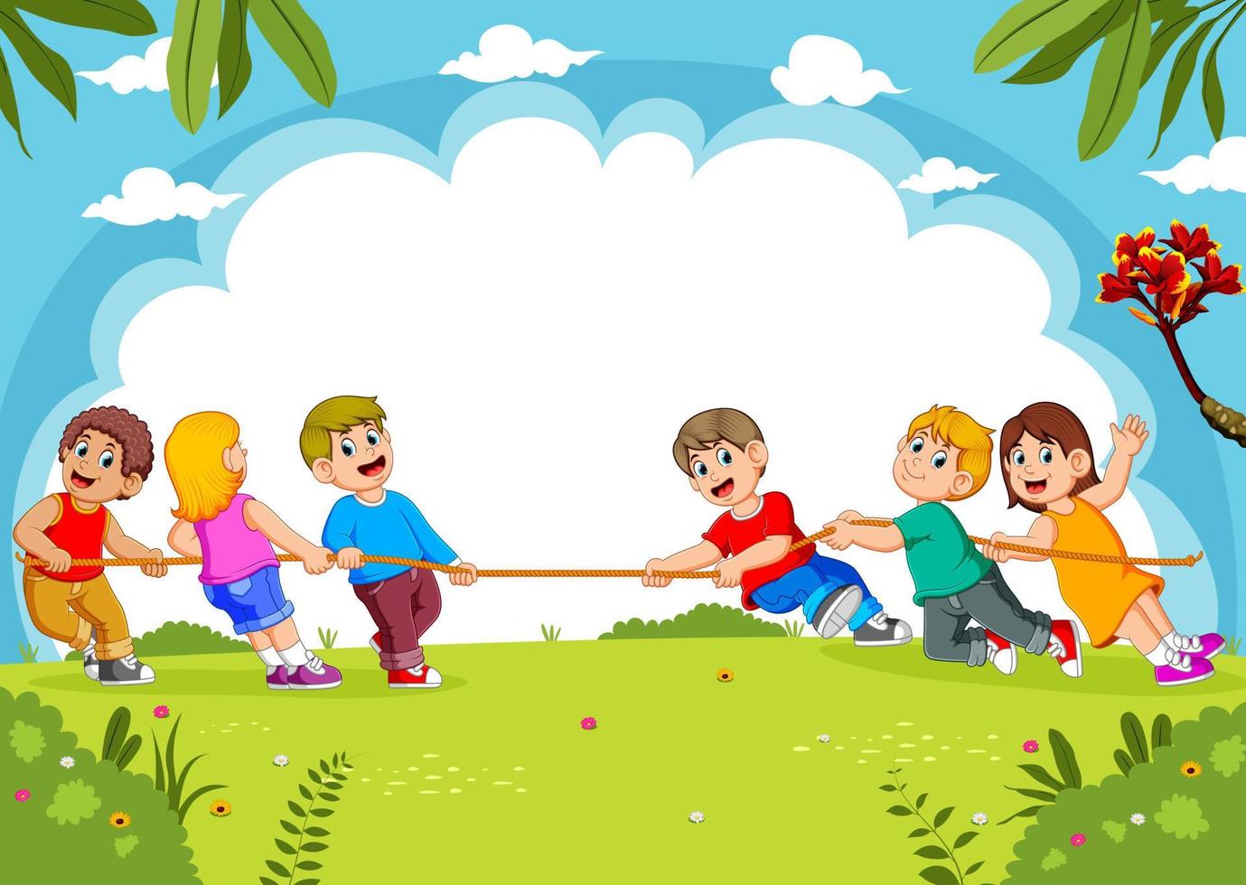 Children play tug of war in the park vector