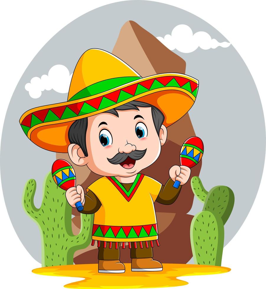 The boy mexican use the yellow sombrero hat vector