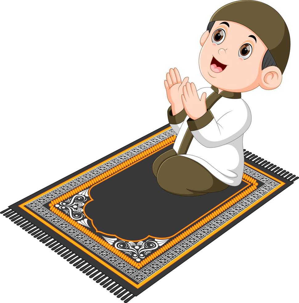 the boy with the brown cap is praying on the brown prayer rug vector