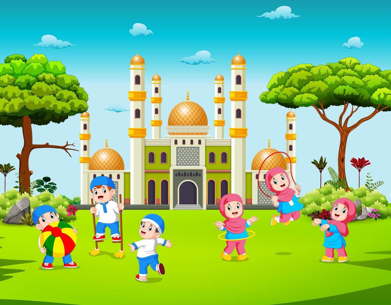 the children are playing in the yard near the mosque vector