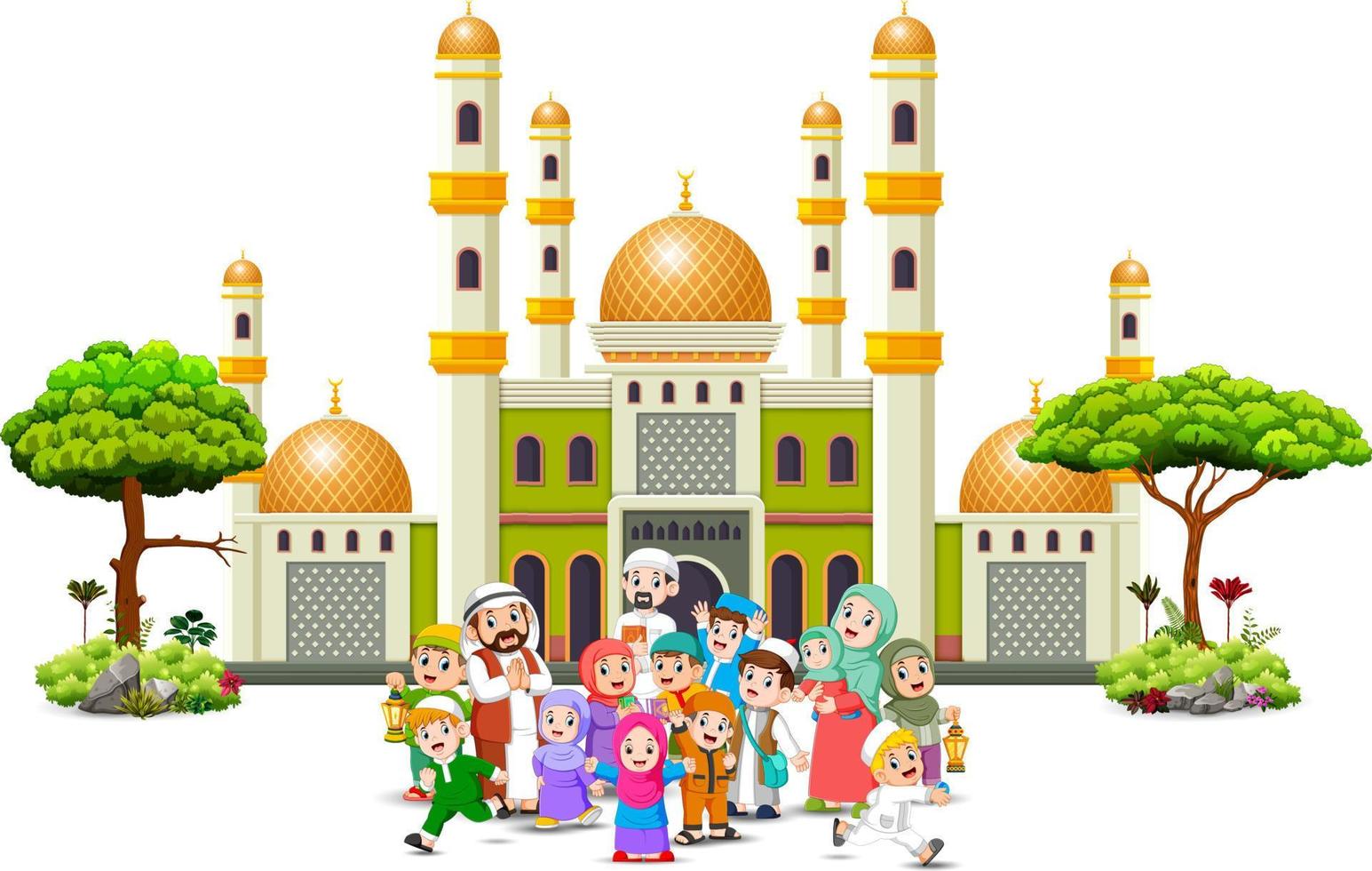 A happy big family are gathering in front of the green mosque vector