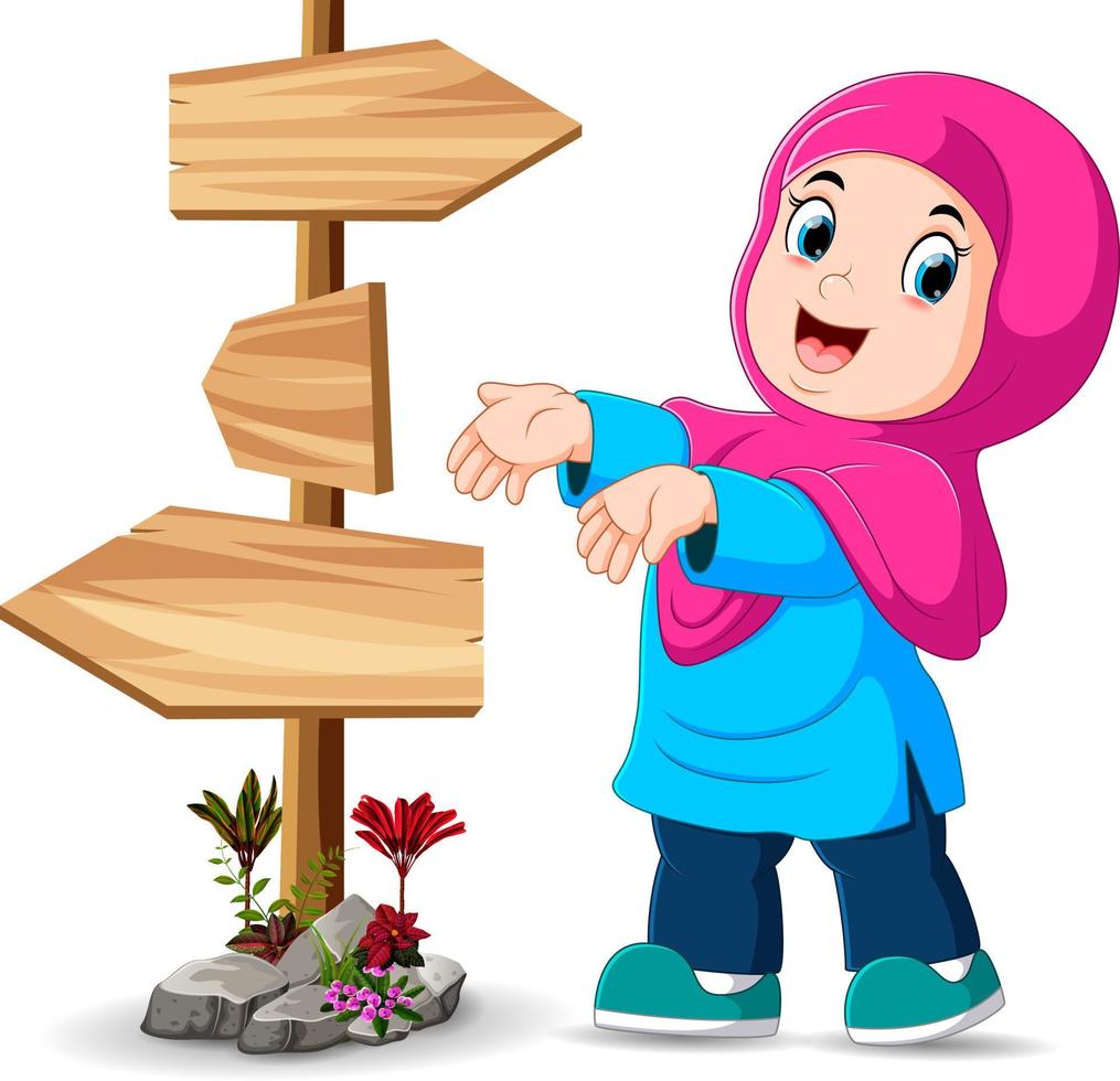 the girl is standing beside the signpost and show the right way vector