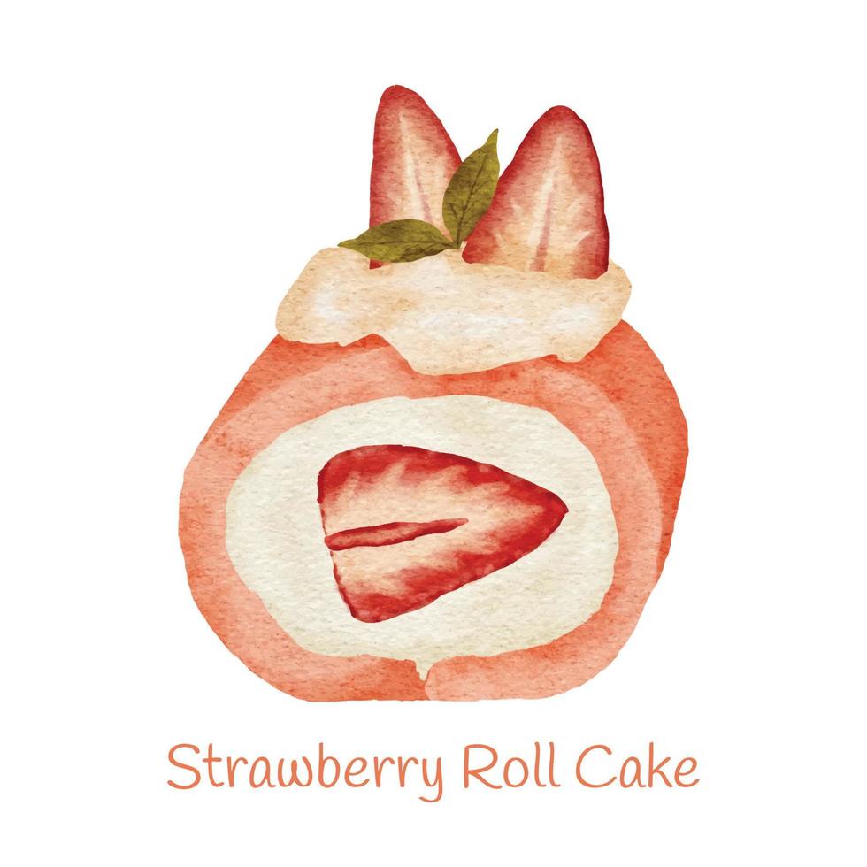 Watercolor sweet dessert Strawberry roll Cake illustration vector
