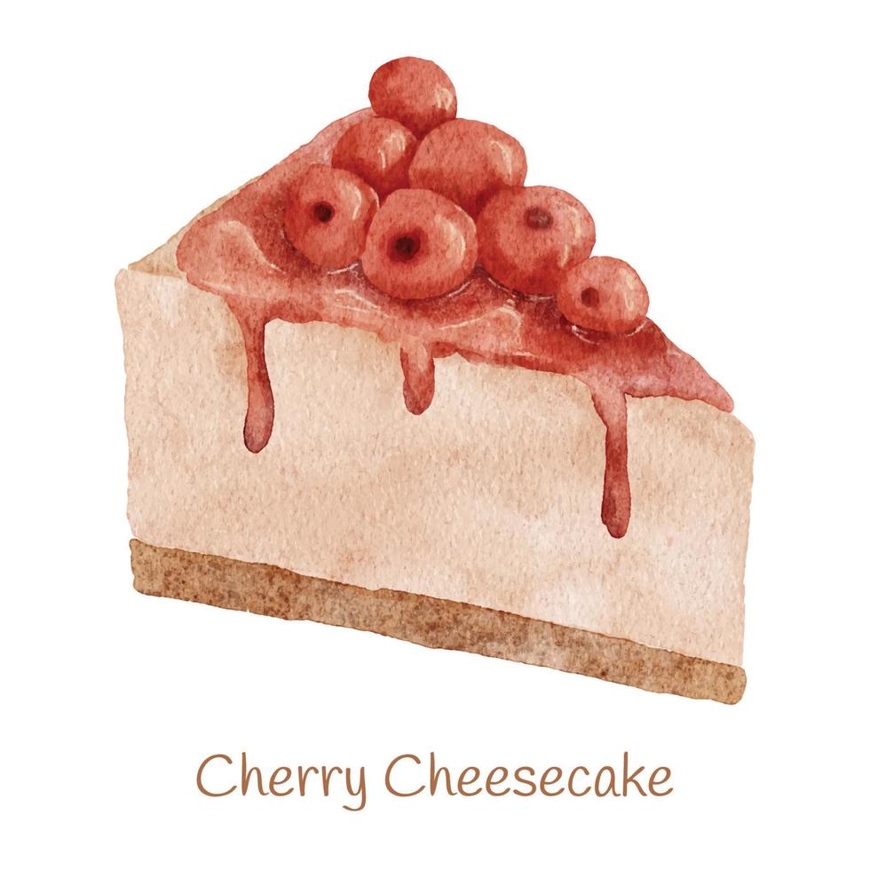 ilustración de pastel de queso de cereza de postre dulce de acuarela vector