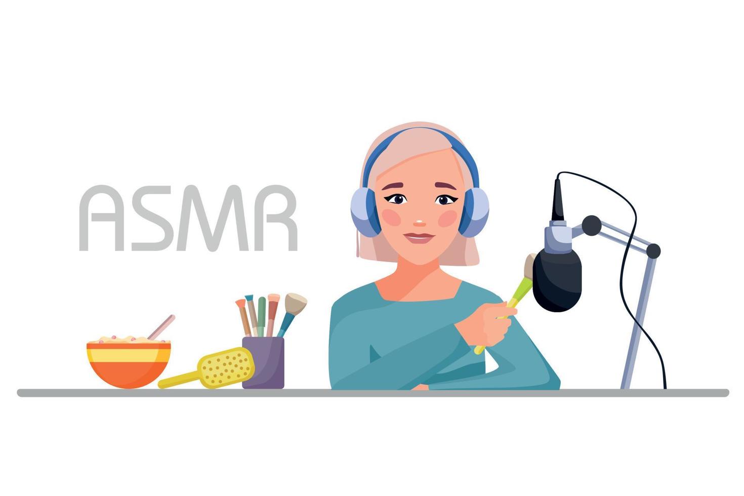 chica graba los sonidos de asmr con un pincel de maquillaje. al lado hay elementos para varios sonidos. creación de contenido ilustración vectorial de dibujos animados. vector