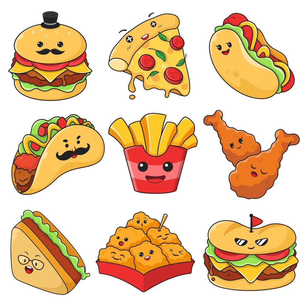 personajes de dibujos animados de comida rápida aislados vector