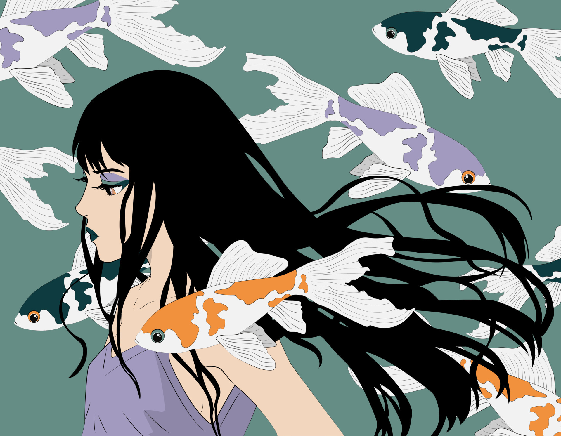 Japanese girl with fish in anime style. Anime girl with goldfish ...