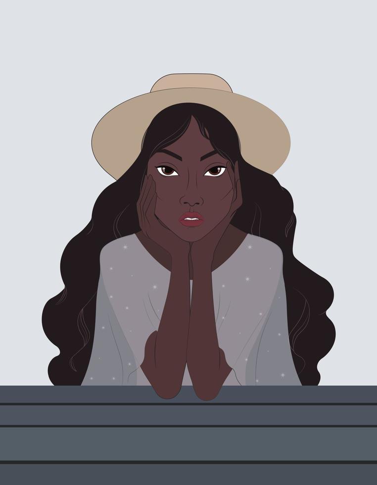 Young fashionable woman in hat. Beautiful african american woman is sitting at table. Stylish portrait of woman. Vector illustration