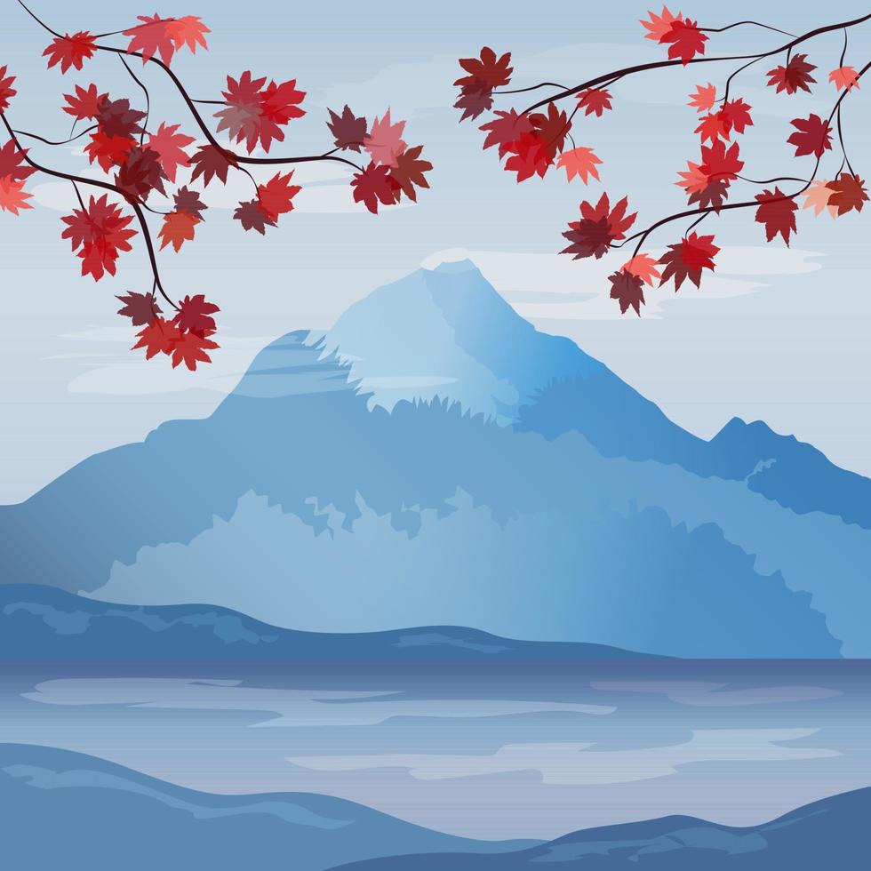 Landscape with Fujiyama and red maples. Japan. Beautiful illustration with Fujiyama. vector