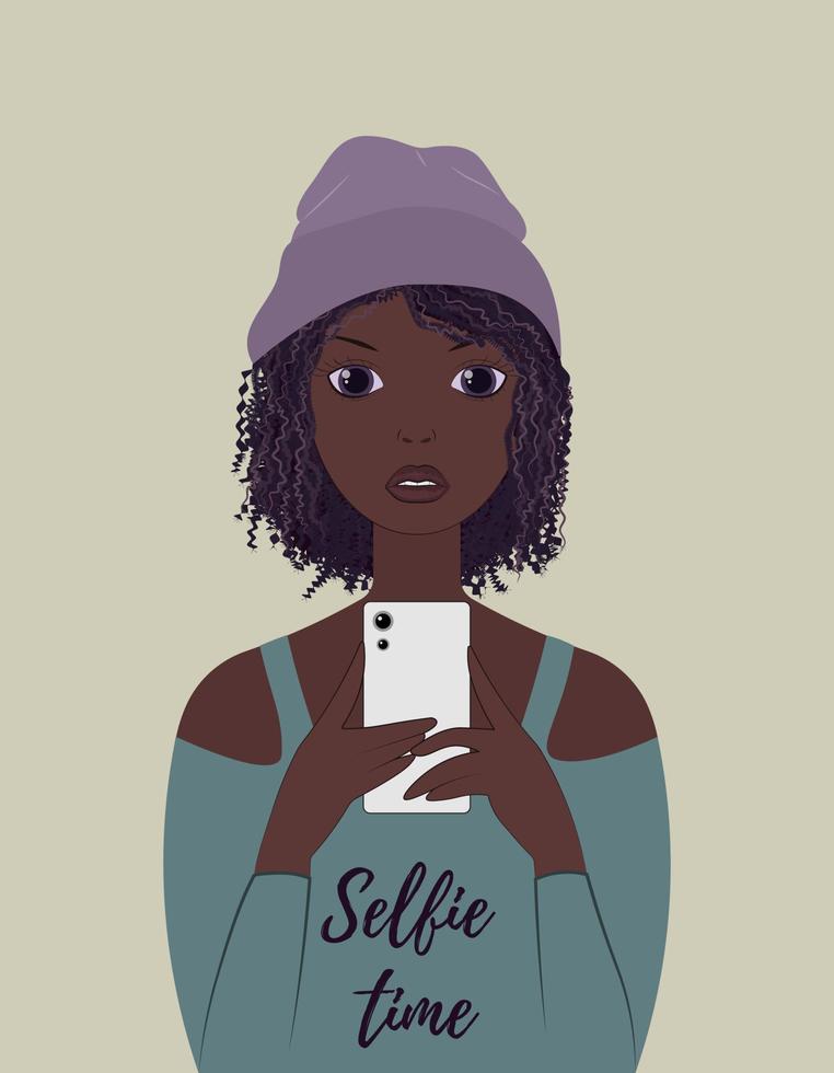 adolescente afroamericano de pie con un teléfono inteligente blanco y tomando una selfie. chica con estilo. cartel con una chica moderna. autofoto ilustración vectorial vector