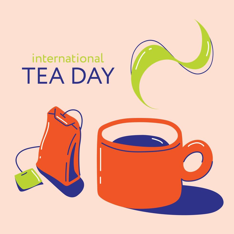 imagen aislada del día internacional del té de una bolsita de té y una taza de té vector