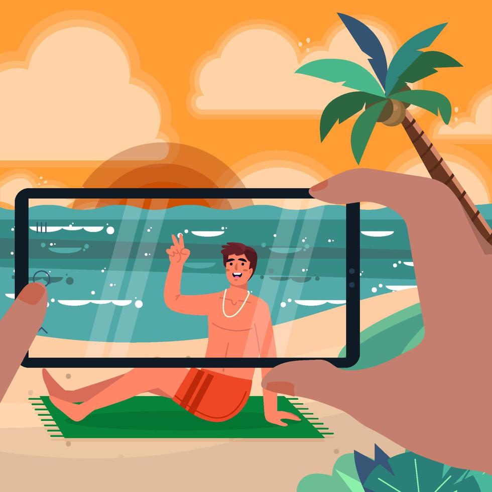 Man is Photographed With Sunset on a Beach Concept vector