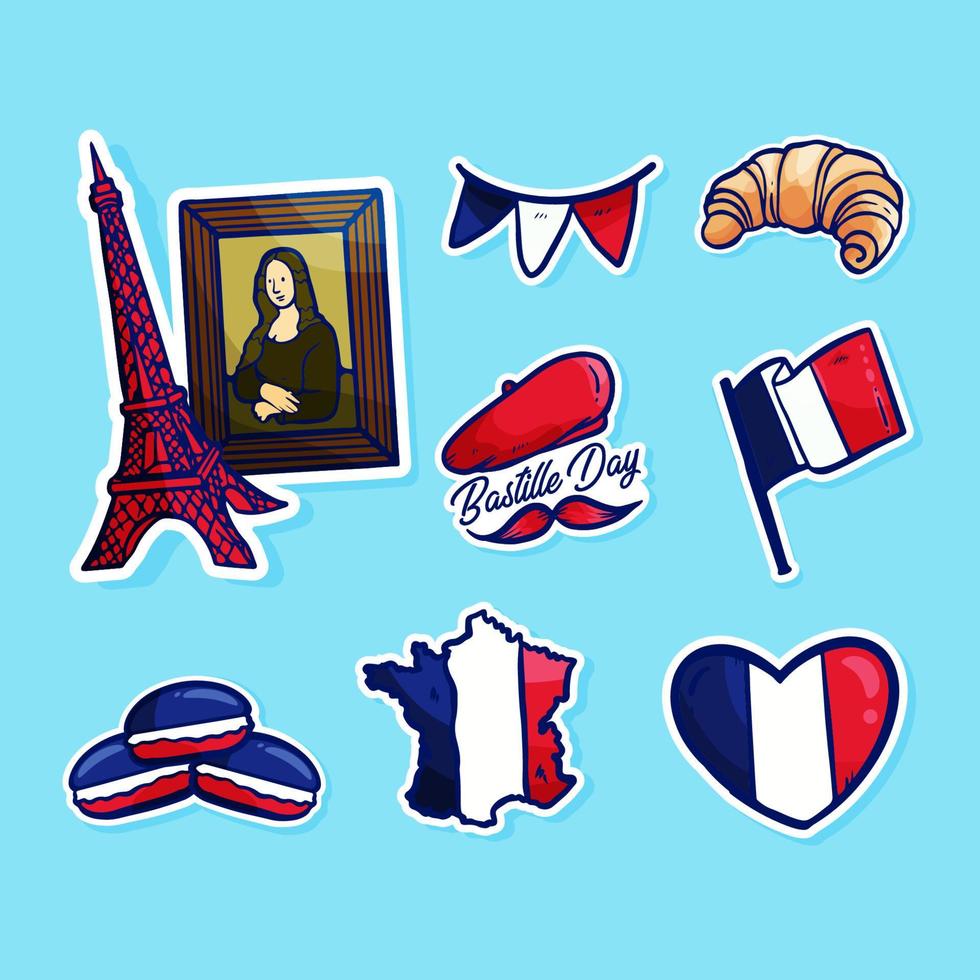 Cute Doodle Bastille Day Sticker Set vector