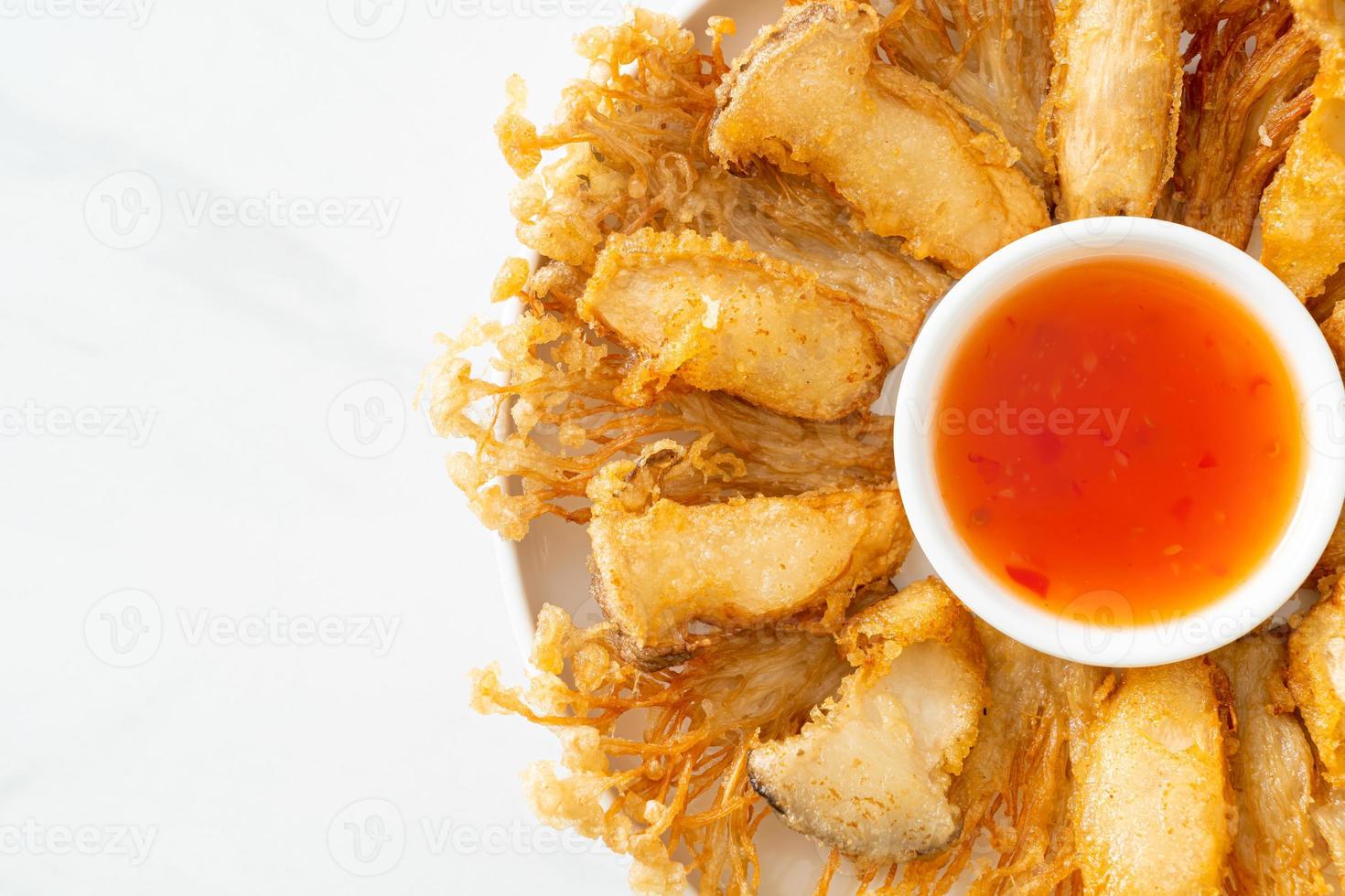 deep fried Enoki mushroom and King Oyster mushroom with spicy dipping sauce photo