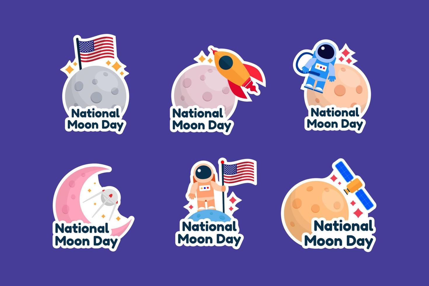 National Moon Day Celebration Stickers Collection Set vector