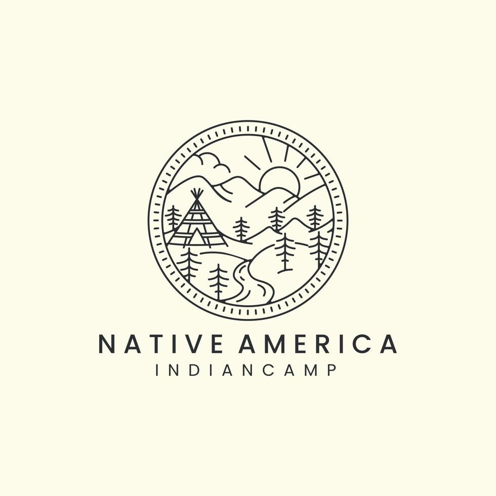 campamento indio y montaña con insignia y diseño de plantilla de icono de logotipo de estilo de arte de línea. tipis, nativo, América, sol, árbol, ilustración vectorial vector