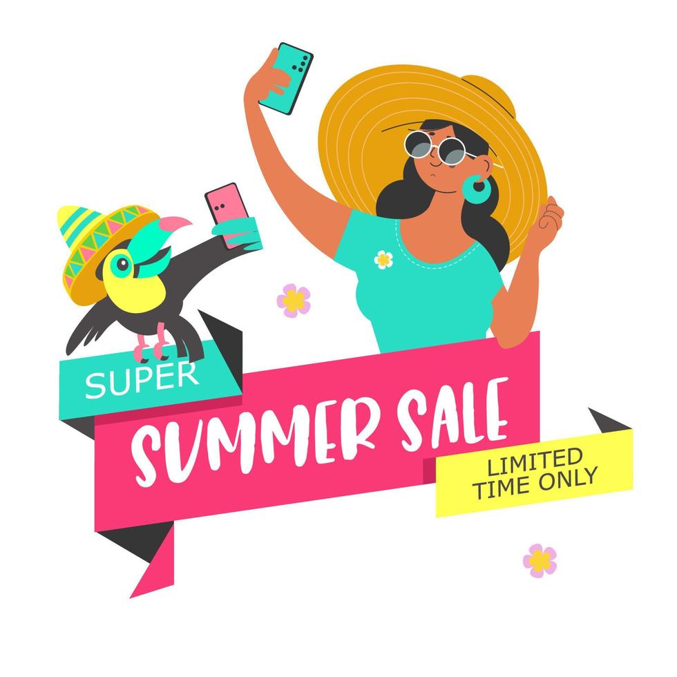 venta de verano. cartel de vector, ilustración. una niña y un tucán toman un selfie. vector