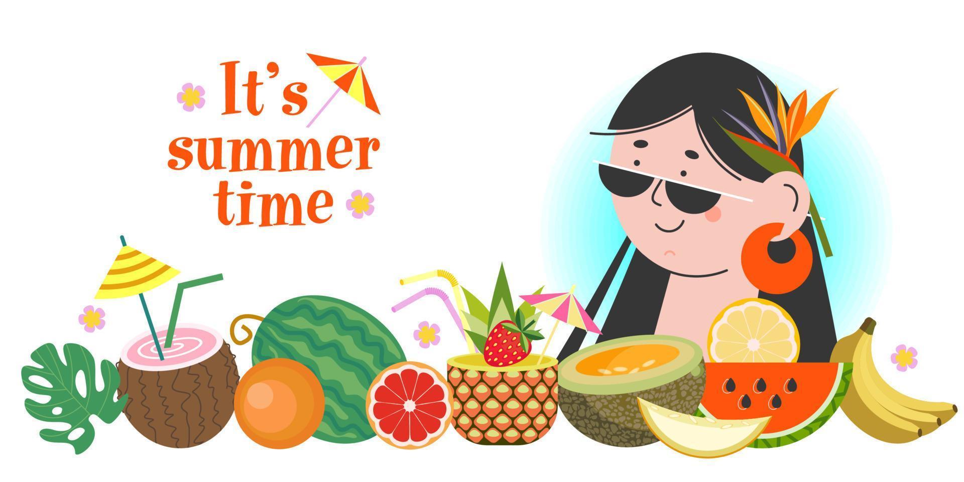 banner horizontal vectorial de verano, ilustración con una chica feliz y fruta fresca. vector