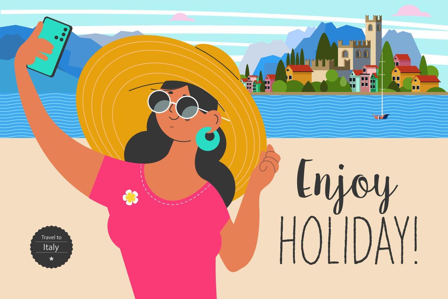 viaja de vacaciones y toma selfies en el fondo de las vistas. disfrutar vacaciones. ilustración vectorial vector