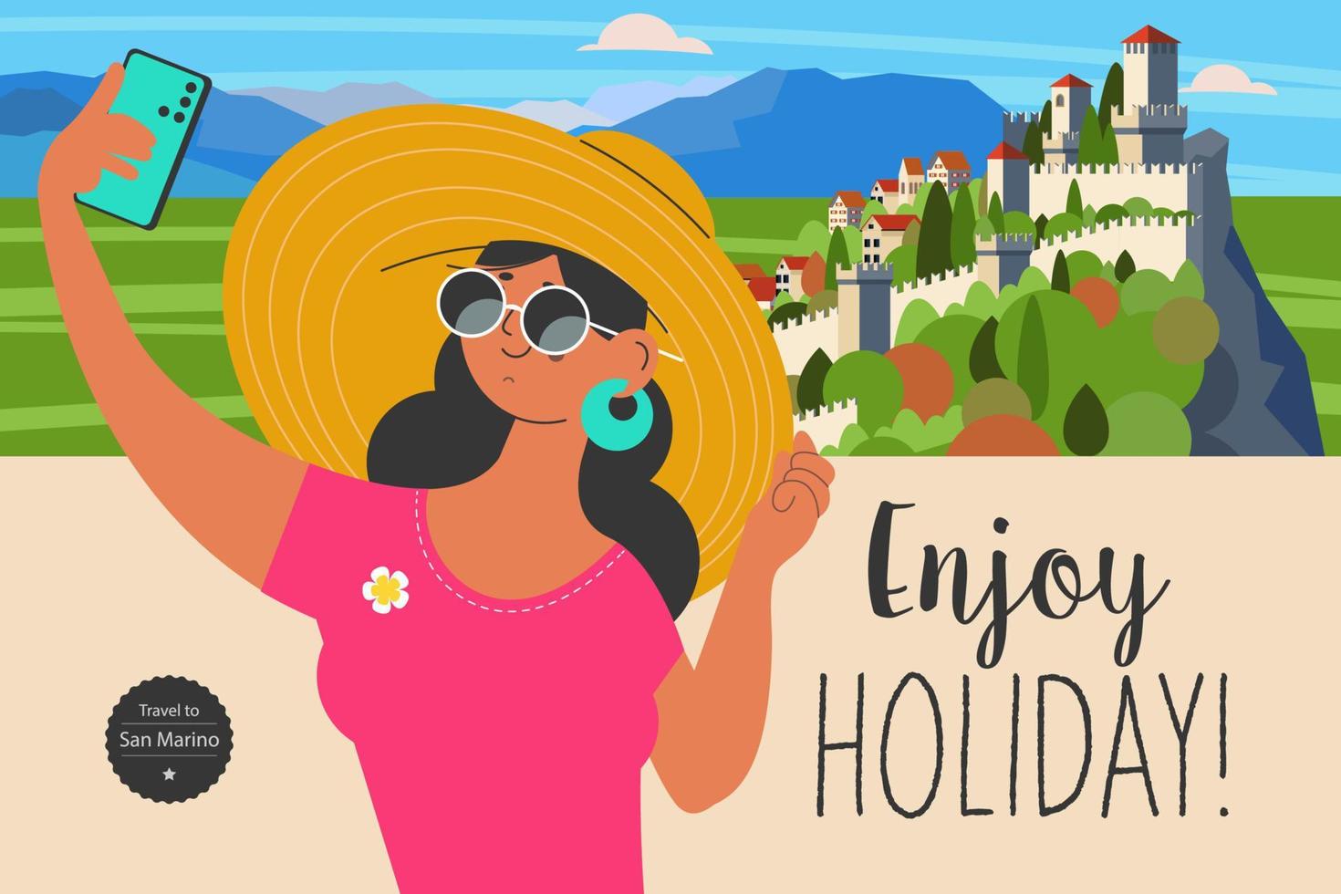 Travel on vacation and take selfies in the background of the sights. Enjoy holiday. Vector illustration.