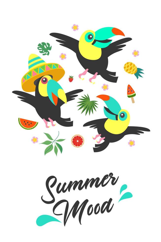 Summer mood. Bright summer vector illustration, postcard with funny toucans.