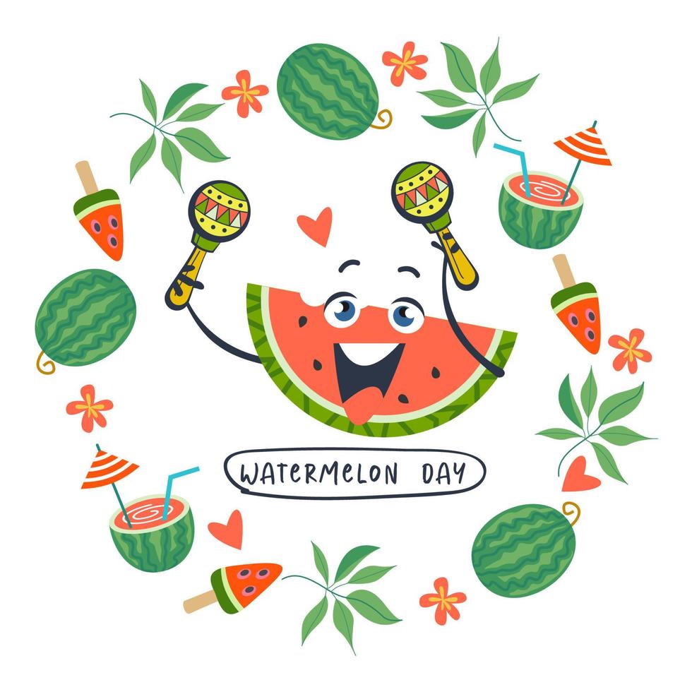 Watermelon Day. Festive fun vector clipart. Template for a postcard, poster, invitation.