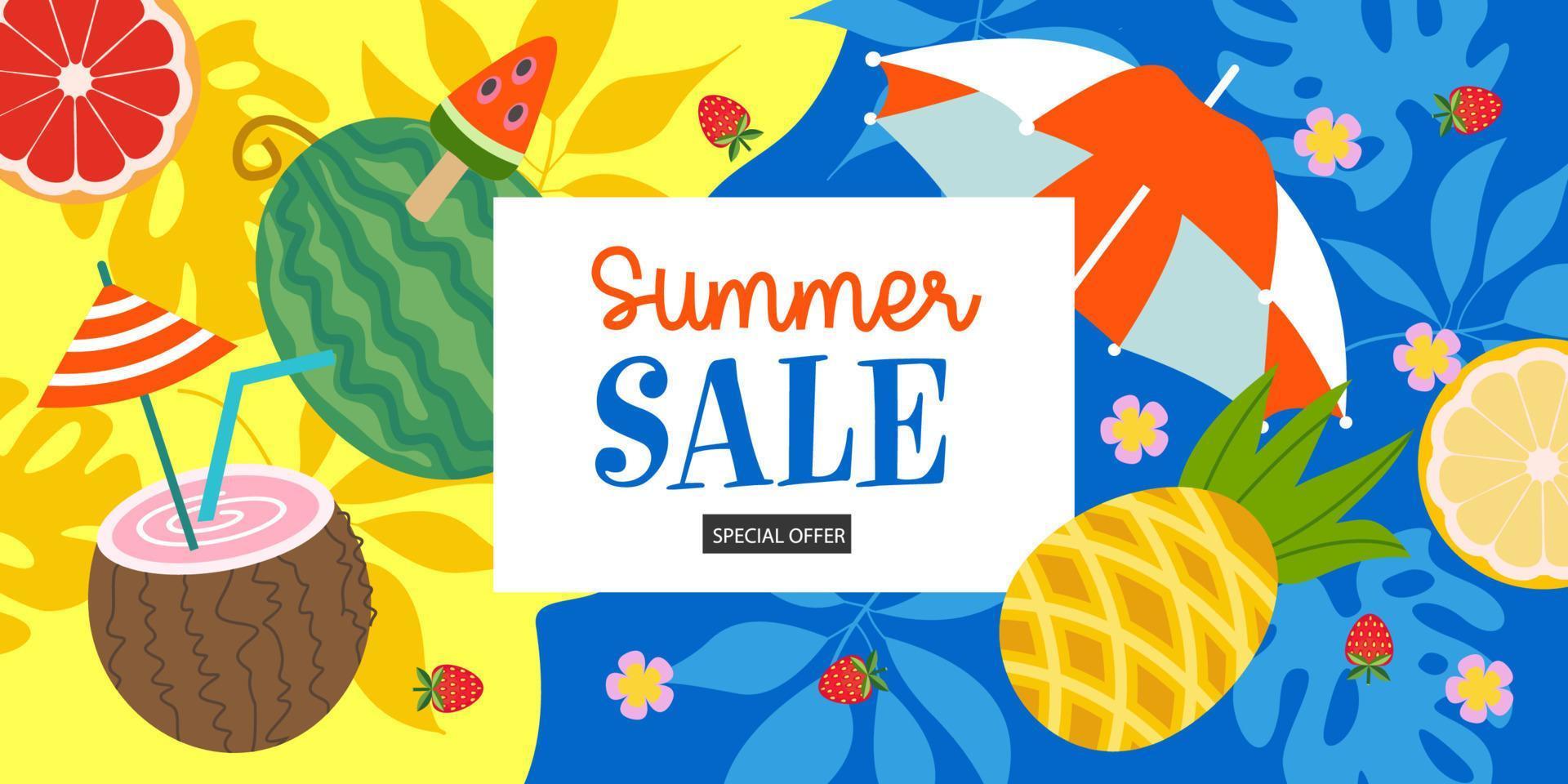 Summer sale. Bright colorful summer vector illustration, advertising poster.