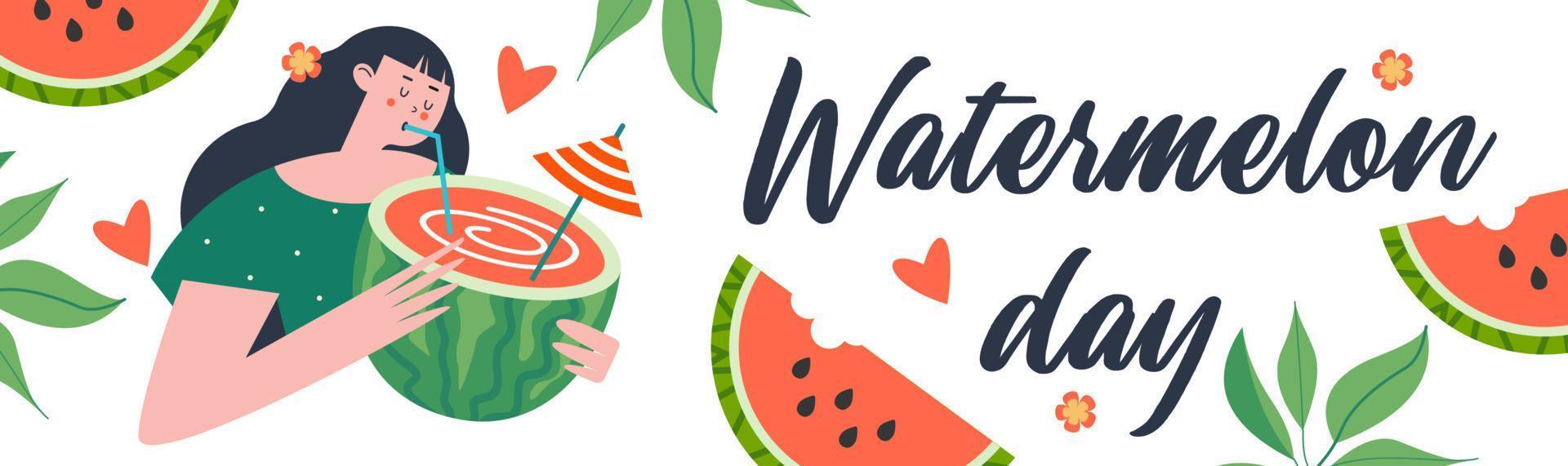 Watermelon Day. Festive fun vector banner. A set of cliparts on a white background.