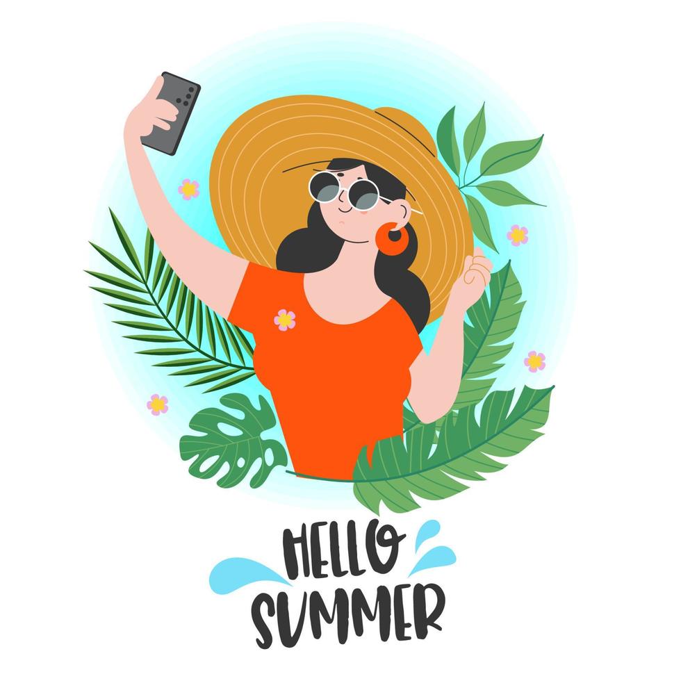 Hello summer. The girl in the hat takes a selfie. Vector illustration.