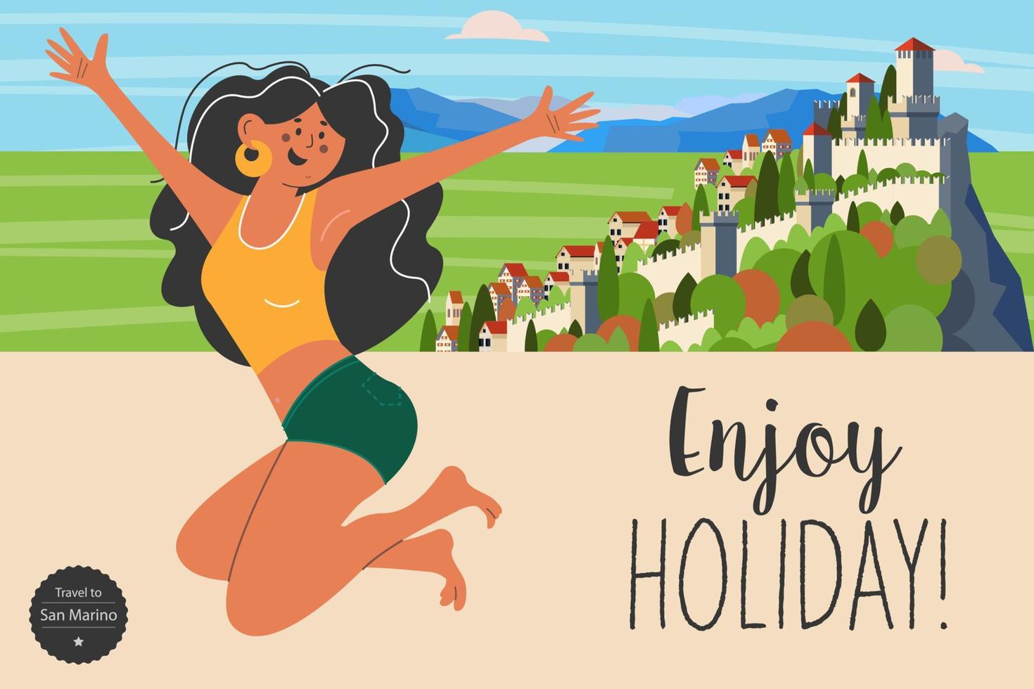 Travel on vacation. A trip to Europe. Vector illustration. Landscape of San Marino.