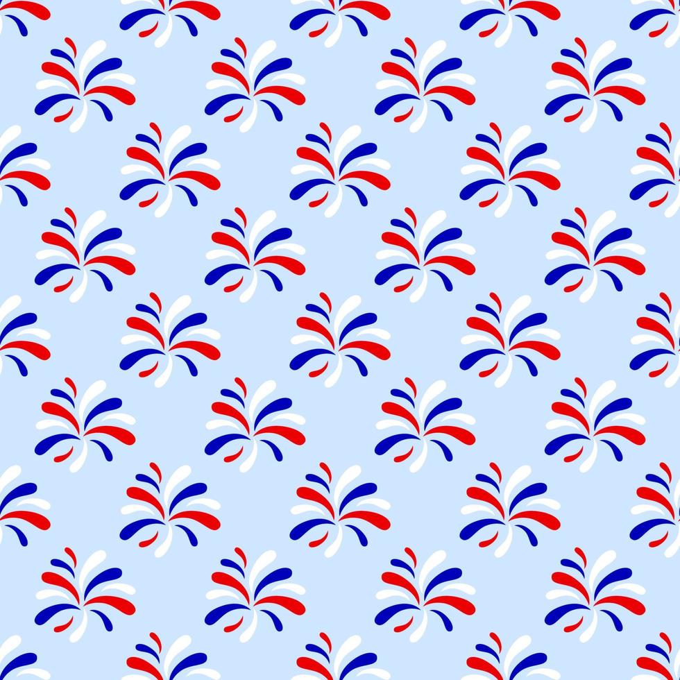 patrón patriótico sin fisuras con fuegos artificiales. 4 de julio, concepto del día de la independencia de estados unidos. colores rojo, azul, blanco. telón de fondo vectorial. como papel tapiz, papel de regalo, tela textil, papel digital vector