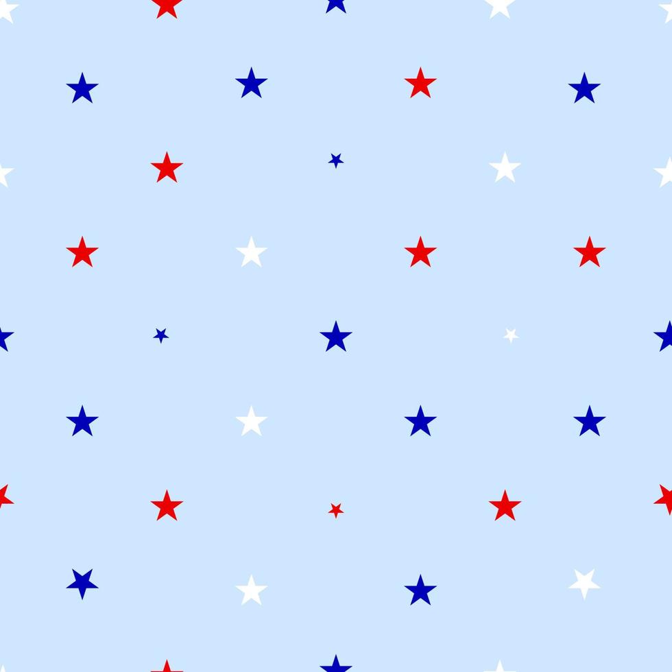 patrón transparente con estrellas de color rojo, azul, blanco. trasfondo patriótico. telón de fondo vectorial. papel de regalo para el día de la independencia, 4 de julio, papel tapiz, tela textil. también para ropa de niños. vector