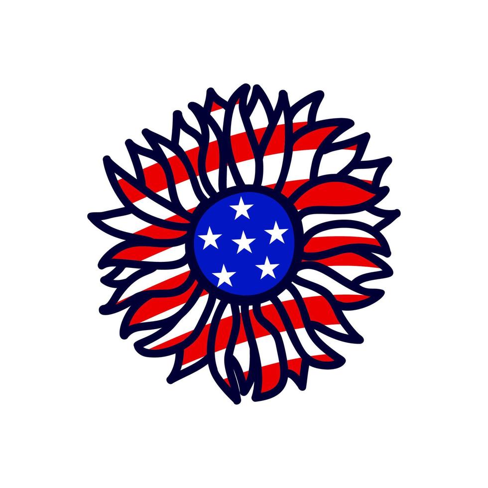 Sunflower color of american flag. Vector illustration. 4th of july, Independence day. Tamplate for t shirt print design, greeting card, sticker. Hand drawing flower. Stars and stripes