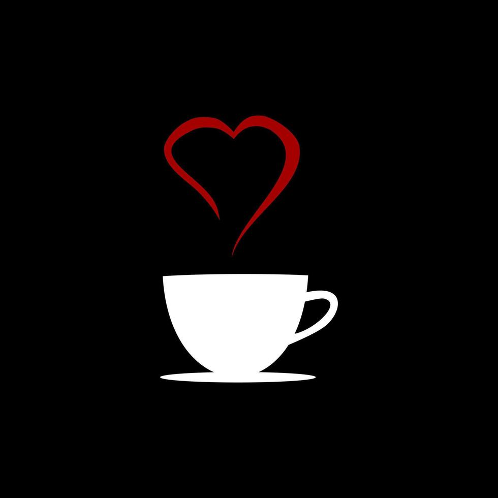 Coffee cup hot with hearts steam line icon red on black background. vector