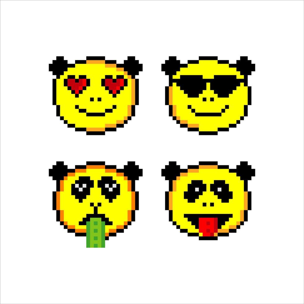 Emoji or panda emoticon face icon in pixel art. Vector illustration.