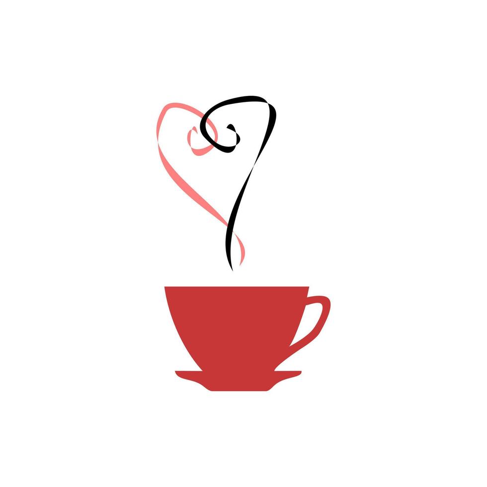 Hot coffee cup with pink and black heart steam line icon on black background. vector