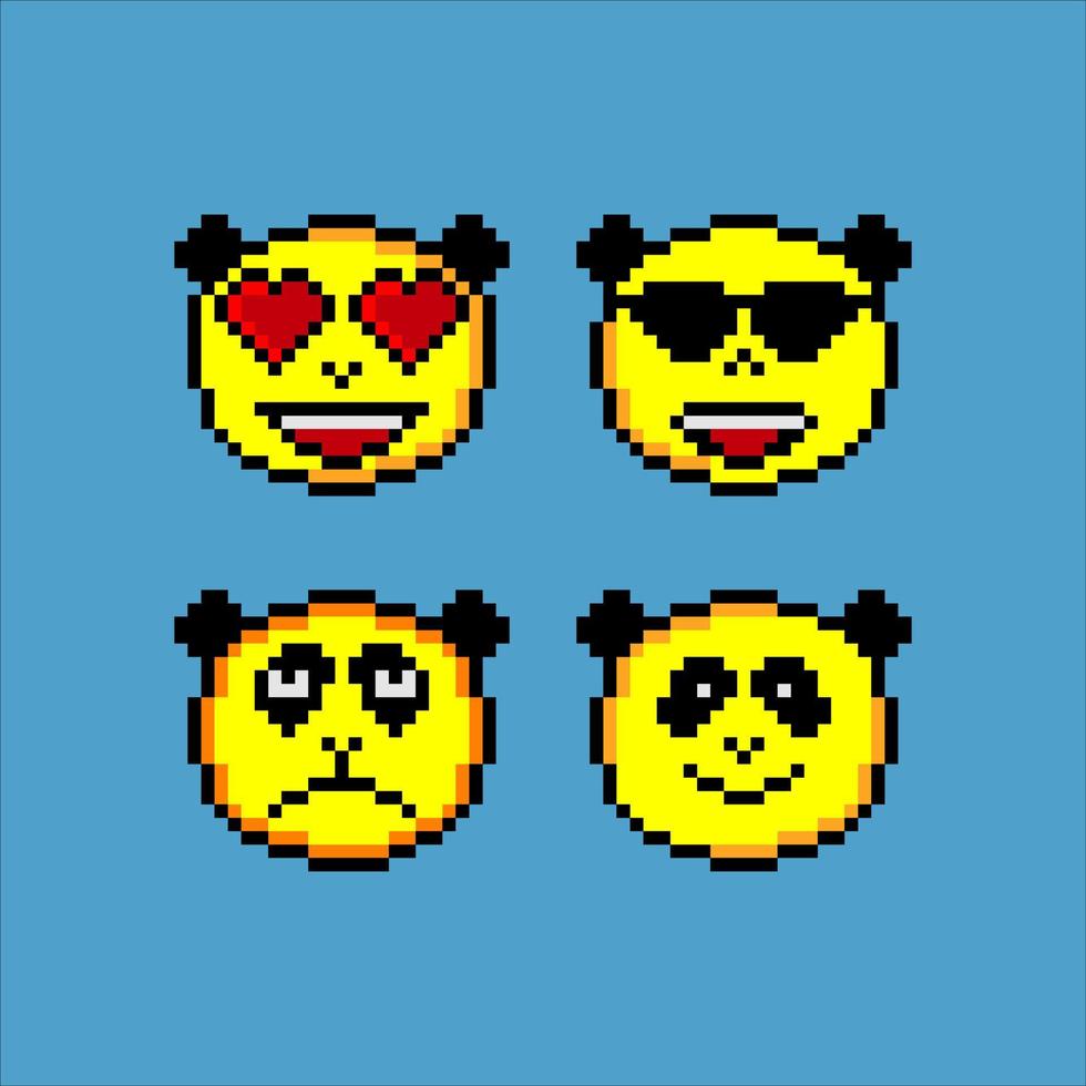 Emoji or panda emoticon face icon in pixel art. Vector illustration.