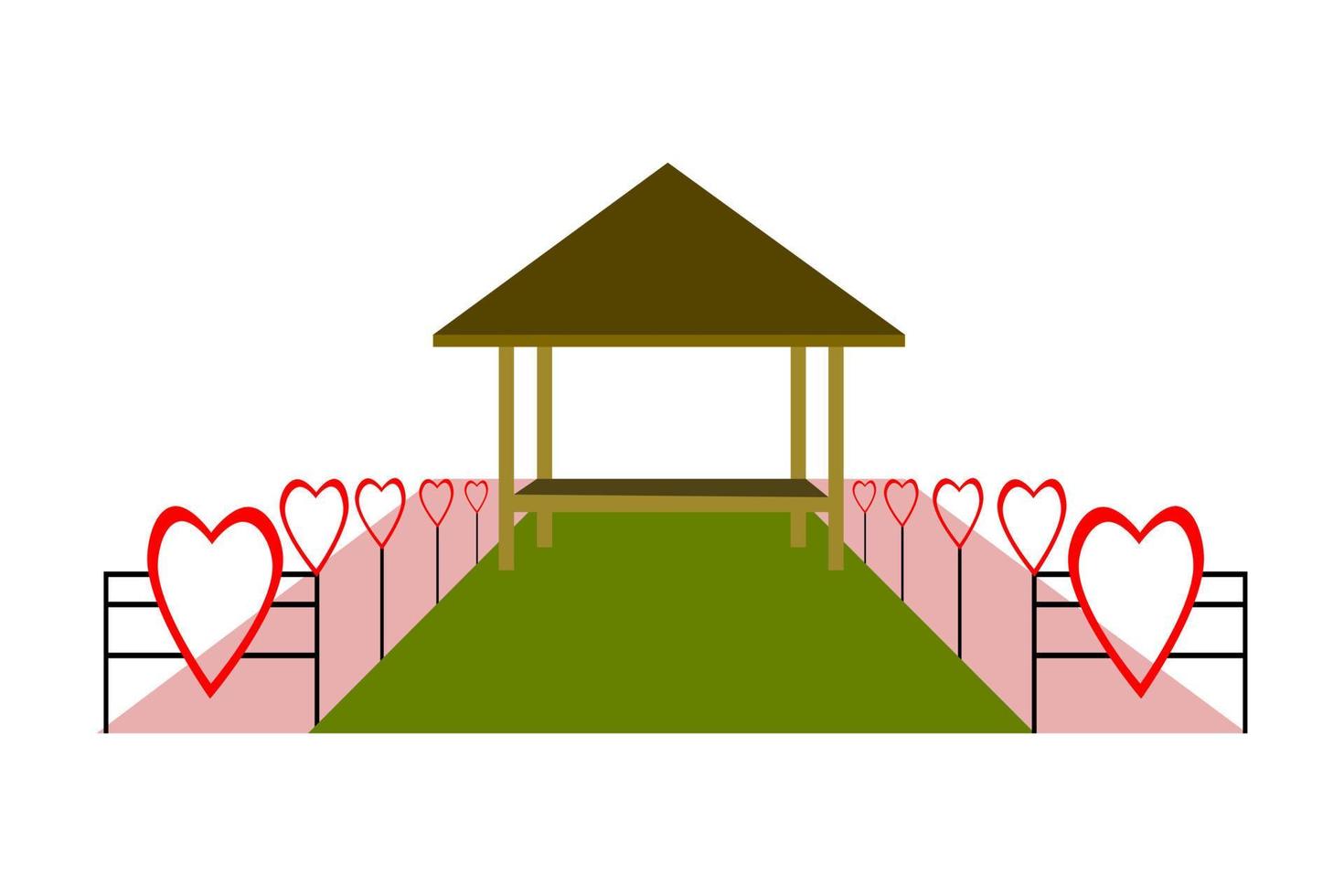 jardín de cenador de madera con fondo de concepto de día de san valentín.jardín de cenador de madera con icono de corazones en rosa. vector